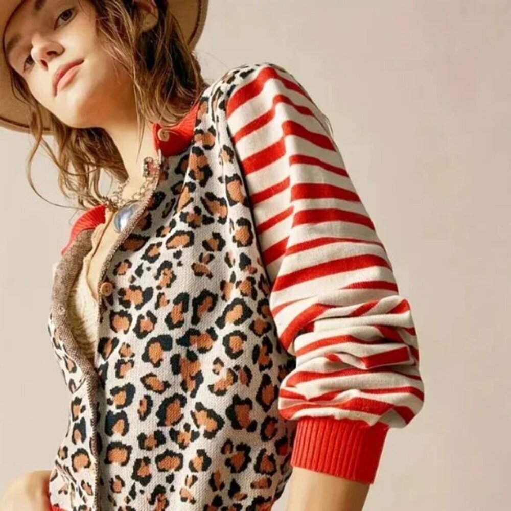 Leopard Print & Red Stripe Women's Cardigan Sweater - Picture 3 of 4